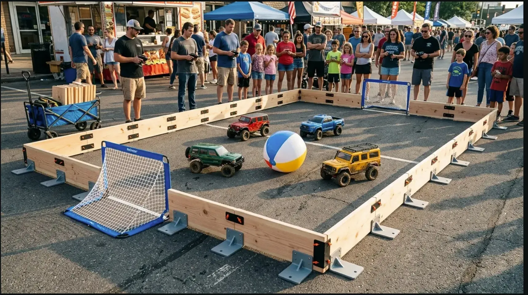 The 3v3 RC soccer arena set up at a street fair — six 1/10-scale trucks around an oversized ball, drivers on the controllers, a crowd standing at the walls.
